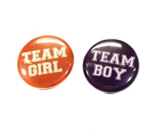 Gender Reveal, Orange, Purple, 1", 1.25", 1.5", 2.25", Pinback Button, Baby Shower, Team Girl, Team Boy, Reveal Shower, Baby, VB114, VB077