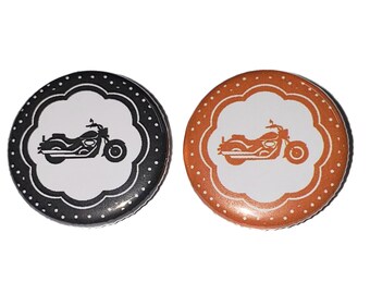 Gender Reveal, Black, Orange, Motorcycle, 1.25", 1.5", 2.25", Pinback Button, Black Motorcycle, Orange Motorcycle, Baby Reveal, VB181, VB269