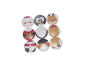Reindeer, Santa, Penguin, 1", 1.25", Button, Set of 9 Buttons, Christmas Decor, Christmas Theme, Xmas, Flatback, Pinback, Pin, Badge, X029