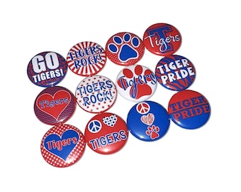 Tigers, Red, Blue, 1", 1.25", 1.5", 2.25", Button, Tiger Theme, Tiger Flatback, Tiger Pinback, SM010