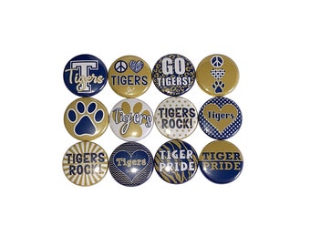 Tigers Magnet, Navy Blue, Gold, 1", 1.25", 1.5", 2.25", Button Magnet, Tigers, Tiger Decor, Tiger Theme, Magnets, SM062
