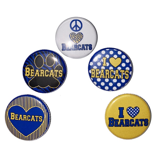 Bearcats, 1", 1.25", Button, Blue, Yellow, Bearcat Mascot, Bearcat Theme, Bearcat Decor, Blue Bearcat, Flatback, Pinback, Badge, SM023