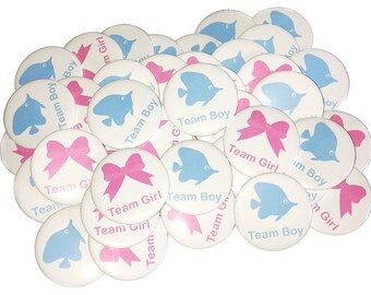 Gender Reveal, Fish, Bow, 1.25", 1.5", 2.25",  Pinback Button, Girl or Boy, Team Boy, Team Girl, Blue Fish, Pink Bow, Vote, VB408, VB370