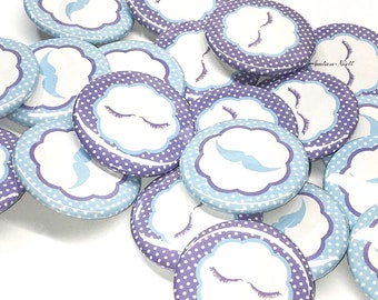 Gender Reveal, Lashes, Staches, Lavender, Blue, 1.25", 1.5", 2.25", Pinback Button, Baby Shower, Baby Reveal, Easter Reveal, VB367, VB369