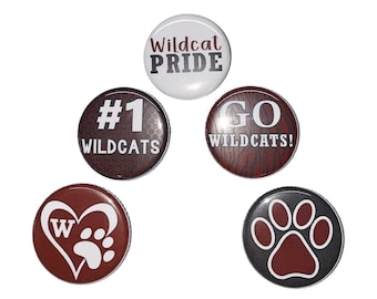 Wildcats, Maroon, Black, 1", 1.25", Button, Wildcat Theme, Wildcat, Wildcat Decor, Party Favor, Wildcat Flatback, Wildcat Pinback, SM008