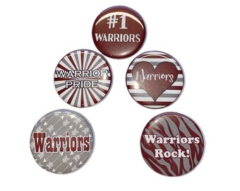 Warriors, 1", 1.25", Button, Maroon, Gray, Grey, Warrior Theme, Warrior Decor, Party Favor, Indian, Flatback, Pinback, SM038