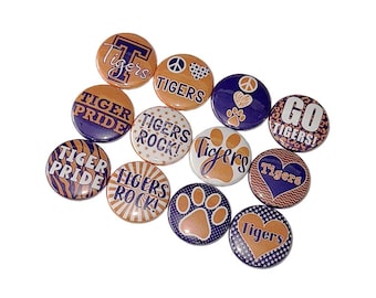 Tigers, Orange, Purple, 1", 1.25", 1.5", 2.25", Button, Tiger Theme, Party Favor, Tiger Flatback, Tiger Pinback, Tiger Badge, SM035