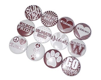 Wildcats, Maroon, Gray, 1", 1.25", 1.5", 2.25", Button, Wildcat Theme, Wildcat, Wildcat Decor, Party Favor, Wildcat Flatback, Wildcat, SM008