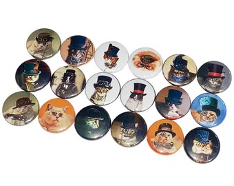Cats, 1", 1.25", 1.5", 2.25", Button, Steam Punk, Cat Theme, Gift, Cat Decor, Hat, Glasses, Party Favor, Cat Flatback, Cat Pinback, CT006