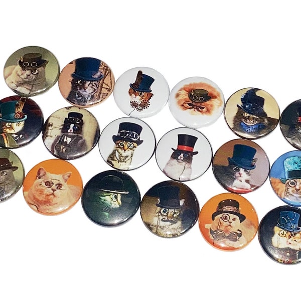 Cats, 1", 1.25", 1.5", 2.25", Button, Steam Punk, Cat Theme, Gift, Cat Decor, Hat, Glasses, Party Favor, Cat Flatback, Cat Pinback, CT006