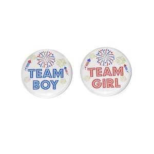 May include: Two round buttons with red, white, and blue firework designs. The left button says "Team Boy" in blue letters. The right button says "Team Girl" in red letters.
