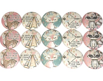 Woodland Boho Magnet, 1", 1.25", 1.5", 2.25", Button Magnet, Fox, Racoon, Boho Theme, Deer, Teepee, Bow and Arrow, Woodland Decor, WA001