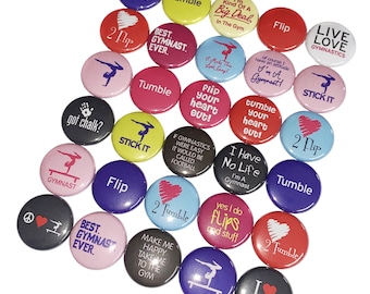Gymnastics, 1", 1.25", 1.5", 2.25", Button, Party Favor, Gymnastic Theme, Gymnast, Gymnastic Decor, Tumbling, Flatback, Pinback, Pin, CD010