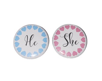 Gender Reveal, Hearts, Blue, Pink, 1.25", 1.5", 2.25", Pinback Button, He or She, Valentine, Baby Reveal, Boy or Girl, VB551, VB544