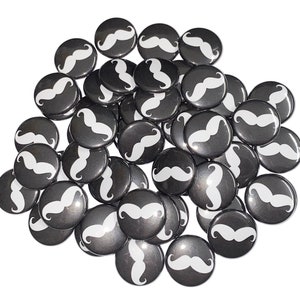 Mustache, 1&quot;, 1.25&quot;, Button, Black, White, Mustache Theme, Party Favor, Mustache Decor, White Mustashe, Flatback, Pinback, Pin, Badge, HT007