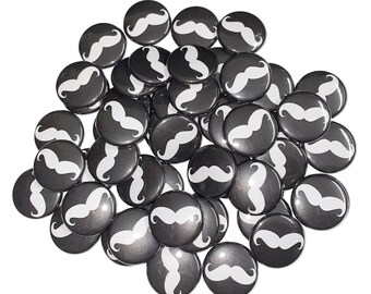 Mustache, 1", 1.25", Button, Black, White, Mustache Theme, Party Favor, Mustache Decor, White Mustashe, Flatback, Pinback, Pin, Badge, HT007