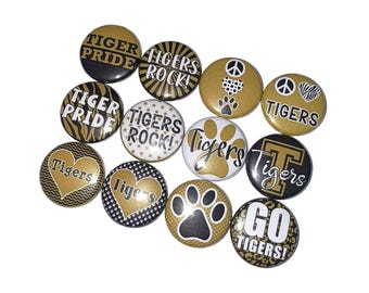 Tigers, Black, Gold, 1", 1.25", 1.5", 2.25", Button, Tiger Theme, Tiger Decor, Tiger Flatback, Tiger Pinback, Badge, SM006