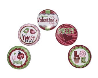 Valentine, Bird, Bug, 1", 1.25", Button, Valentine Flatback, Valentine Party Favor, Valentine Party, Valentine Button, Valentine Pin, V005