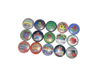 Back to School, 1", 1.25", Button, Back to School Pin, Back to School Party, School Party Favor, School Bus, ABC, Books, School House, SC001