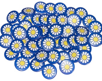 Daisy, Blue, 1", 1.25", Button, Daisy Theme, Daisy Party, Daisy Decor, Daisy Birthday, Blue Daisy, White Daisy, Flatback, Pinback, OG001