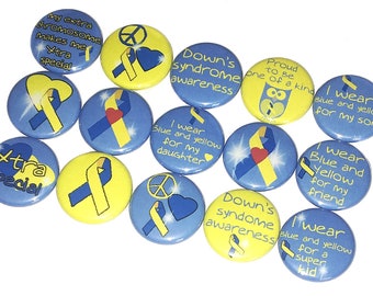 Down Syndrome, 1", 1.25", 1.5", Button, Blue Ribbon, Yellow Ribbon, Down Syndrome, DS Awareness, T21, Flatback, Pinback, Badge, DS002