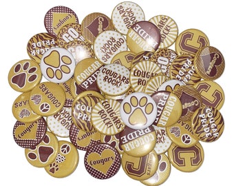 Cougars, Maroon, Gold, 1", 1.25", 1.5", 2.25", Button, Cougar Theme, Party Favor, Flatback, Pinback, SM055