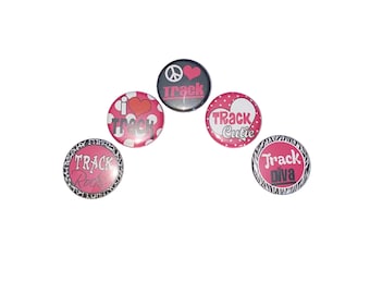 Track, Hot Pink, Black, 1", 1.25", Button, Track Theme, Track Decor, Track Party Favor, Track Flatback, Track Pinback, Track Badge, SE026