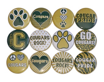 Cougars Magnet, Dark Green, Gold, 1", 1.25", 1.5", 2.25", Button Magnet, Cougar Theme, Cougar Party Favor, Paw Magnet, Magnets, SM051
