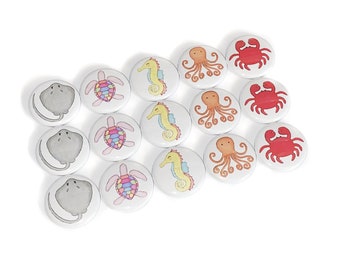 Sea Creatures, 1", 1.25", 1.5", 2.25", Button, Sea Turtle, Sting Ray, Sea Horse, Crab, Octopus, Party Favor, Ocean, Flatback, Pinback, AQ008