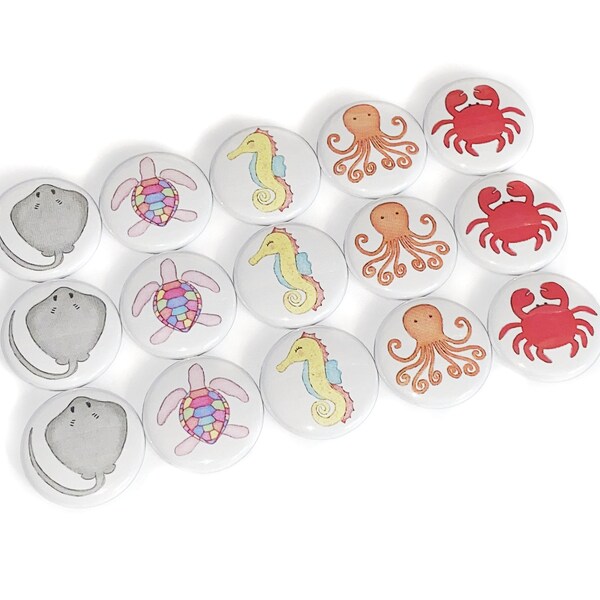 Sea Creatures, 1", 1.25", 1.5", 2.25", Button, Sea Turtle, Sting Ray, Sea Horse, Crab, Octopus, Party Favor, Ocean, Flatback, Pinback, AQ008