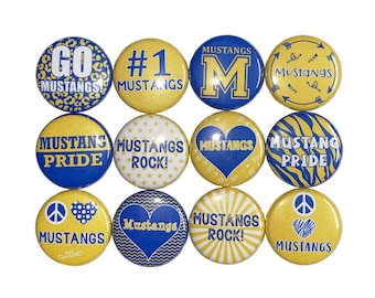 Mustang Magnet, Royal Blue, Yellow, 1", 1.25", 1.5", 2.25", Button Magnet, Mustangs, Mustang Theme, SM054