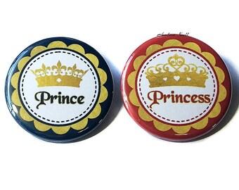 Gender Reveal, Black, Red, Gold, Crown, 1.25", 1.5", 2.25", Pinback Button, Baby Reveal, Prince or Princess, Baby Shower, Vote, VB303, VB337