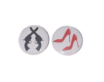 Gender Reveal, Guns, Heels, 1.25", 1.5", 2.25", Pinback Button, Gun Reveal, Heels Baby Shower, Baby Reveal, Pistol, Shoes, Pin, VB221, VB044