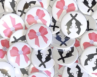 Gender Reveal, Guns, Bows, 1.25", 1.5", 2.25", Pinback Button, Baby Shower, Pistol Baby Shower, Girl or Boy, Gun Gender Reveal, VB221, VB166