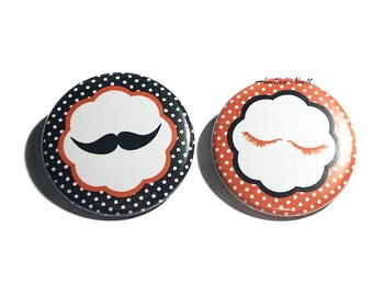 Gender Reveal, Lashes, Stach, Black, Orange, 1.25", 1.5", 2.25", Pinback Button, Mustache, Fall Shower, Baby Reveal, Halloween, VB321, VB361
