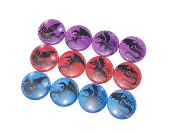 Dragon, 1", 1.25", 1.5", 2.25", Button, Dragon Button, Red Dragon, Blue Dragon, Purple Dragon, Dragon Flatback, Dragon Pinback, MC004