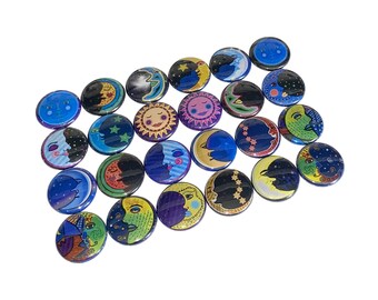 Moons, 1", 1.25", 1.5", 2.25", Button, Moon, Half Moon, Moon Faces, Moon Theme, Moon Decor, Night, Flatback, Pinback, Pin, Badge, SY011