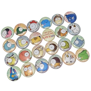 May include: A collection of 20 colorful round buttons featuring cartoon animal characters. Each button has a different animal design, including a cat, a dog, a fish, a turtle, a rabbit, a rhino, a deer, an elephant, a bird, and a pig. The buttons are all approximately 1 inch in diameter and have a white background with a black outline.