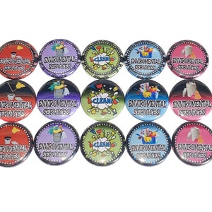 May include: A set of 15 round buttons with various colorful designs. Each button features a cleaning-related image and the text "Environmental Services".