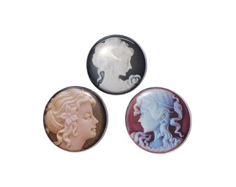 Cameo, Lady, 1", 1.25", Button, Lady Cameo, Beauty Head, Antique Lady, Victorian Lady, Female Profile, Round Cameo, Flatback, Pinback, HT008