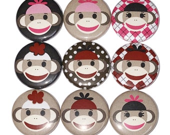 Monkey Magnet, 1", 1.25", Button Magnet, Monkey Theme, Monkey Decor, Pink, Black, Brown, Monkey Party Favor, Pink Monkey, Red Monkey, A015