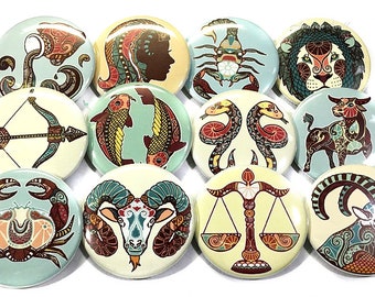 Zodiac Magnet, 1", 1.25", 1.5", 2.25", Button Magnet, Horoscope, Zodiac Decor, Horoscope Decor, Horoscope Magnet, Astrological Sign, ZP004