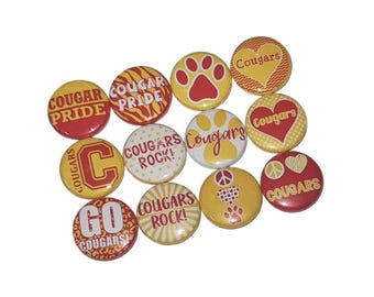 Cougars, 1", 1.25", 1.5", 2.25", Button, Red, Yellow, Paw, Cougar Theme, Cougar Decor, Party Favor, Flatback, Pinback, SM028