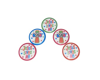 Jesus Loves Me, Cross, 1", 1.25", Button, Christian, Religious, Faith, Gift, Church, VBS, Party Favor, Religious, Flatback, Pinback, FT042