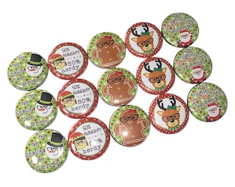 Christmas, Nerd, Hipster, 1", 1.25", 1.5", 2.25", Button, Xmas, Santa, Reindeer, Snowman, Gingerbread Man, Elf, Flatback, Pinback, Pin, X019