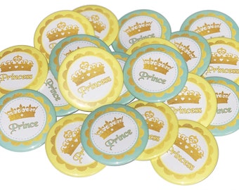 Prince, Princess, Mint, Yellow, Gender Reveal, 1.25", 1.5", 2.25", Pinback Button, Yellow Princess, Mint Prince, Crown, Reveal, VB315, VB313