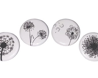 Dandelion Magnet, 1", 1.25", 1.5", 2.25", Button Magnet, Dandelion Decor, Dandelion Theme, Black, White, Dandelion Puff, Luck, Wish, PF006