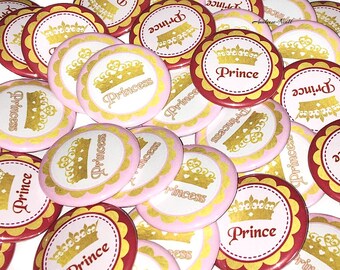 Gender Reveal, Prince, Princess, Pink, Red, Gold, Crown, 1.25", 1.5", 2.25", Pinback Button, Baby Reveal, Pregnancy Reveal, VB314, VB339