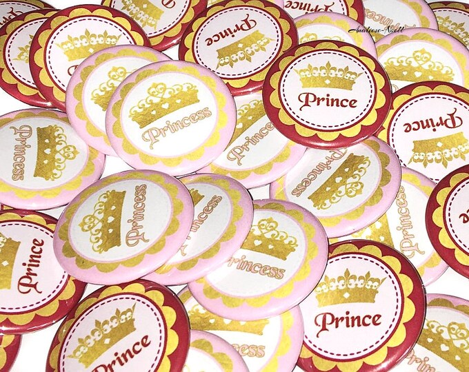 Featured listing image: Gender Reveal, Prince, Princess, Pink, Red, Gold, Crown, 1.25", 1.5", 2.25", Pinback Button, Baby Reveal, Pregnancy Reveal, VB314, VB339