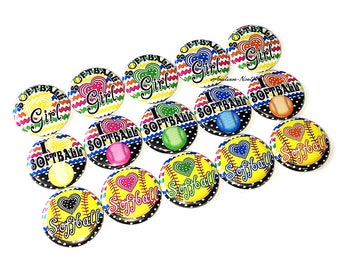 Softball Magnet, 1", 1.25", Button Magnet, Softball, Softball Theme, Softball Decor, Blue Softball, Black, Orange, Green, Gift, Sport, SE024